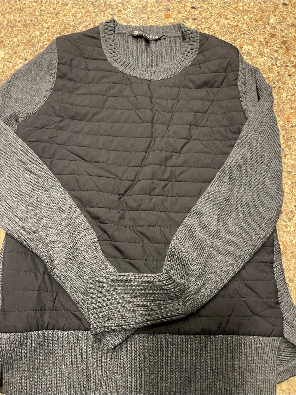 Athleta Black Quilted Front Crewneck with Gray Knit Sleeves - Women’s sweater
